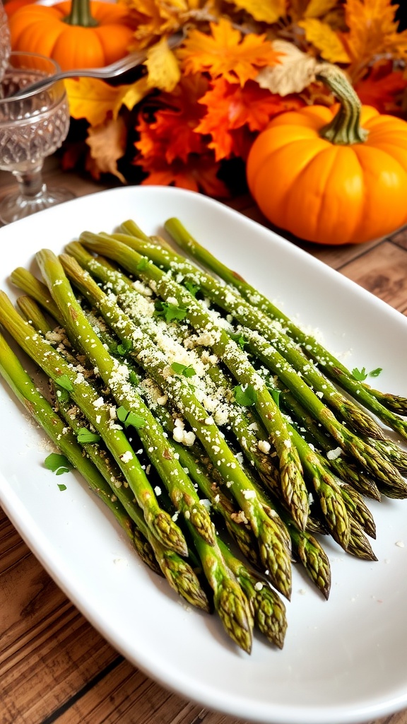 Roasted asparagus with Parmesan cheese on a wooden platter, decorated with fresh parsley.